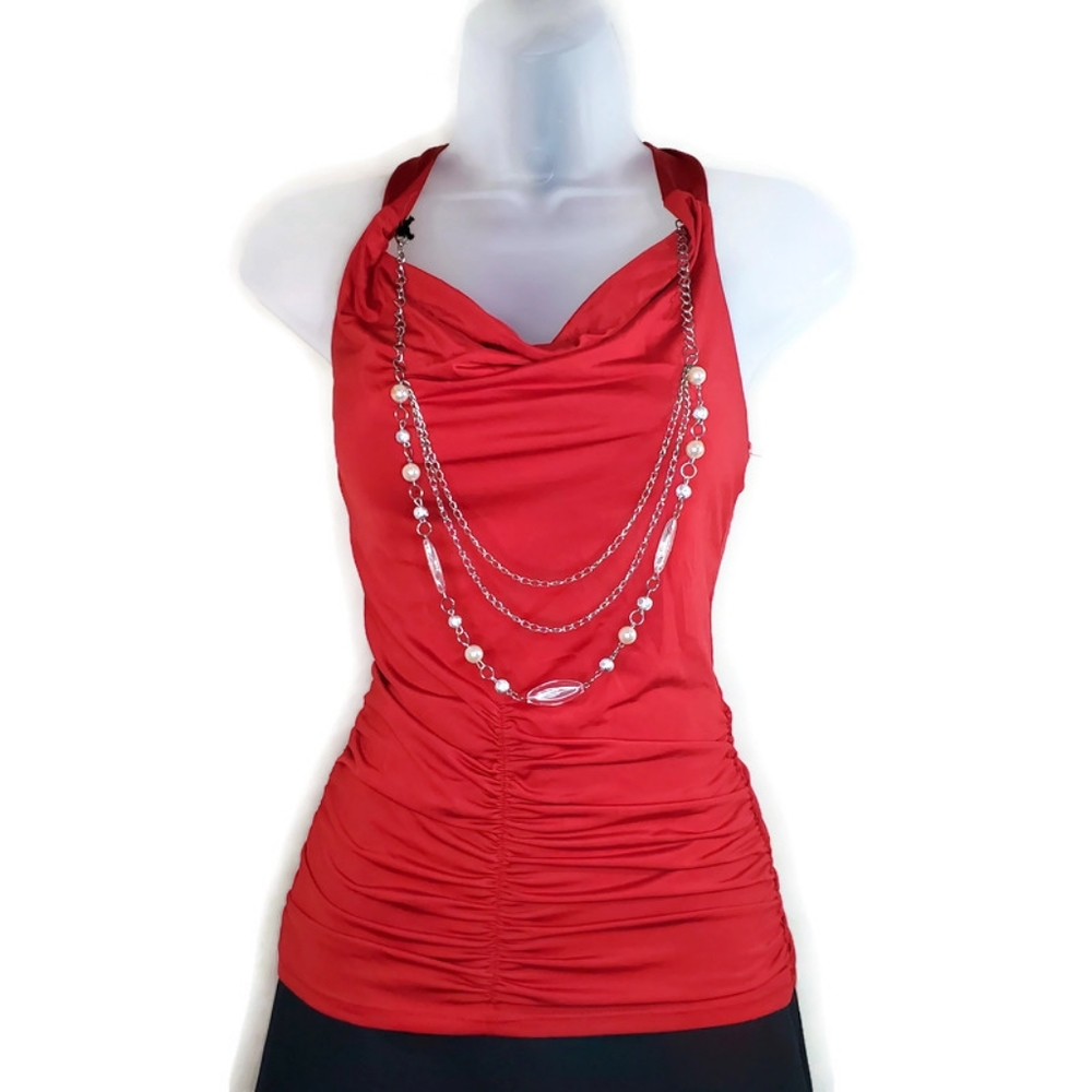 Luv Me More Red Drop Neck Scrunch Halter Top Sleeveless S